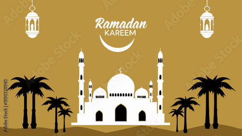 Ramadan kareem celebration with mosque and palm trees