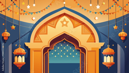 Celebratory mosque entrance with hanging lanterns and star decorations