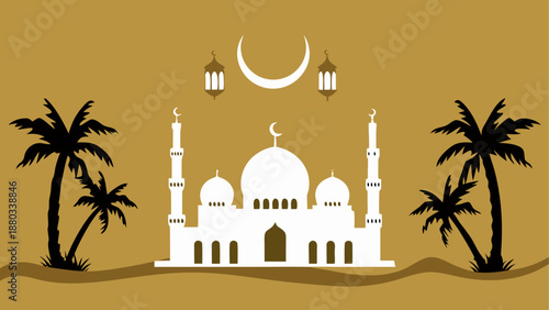 Serene mosque silhouette amidst palm trees and crescent moon