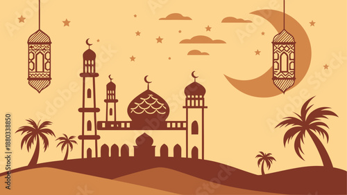 Illuminated mosque in a serene desert night