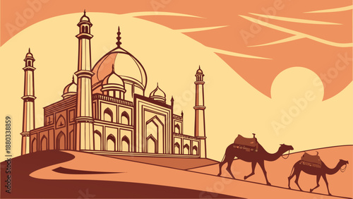Serene sunset over a majestic mosque with camels