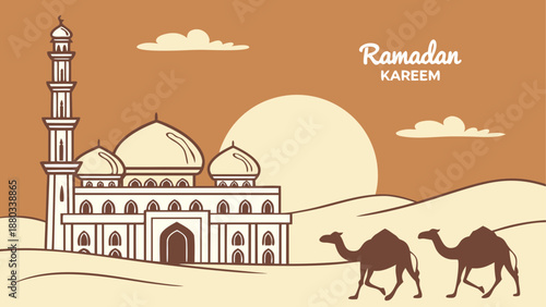 Illustrated desert mosque and camels celebrating ramadan kareem