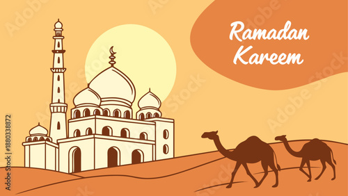Celebrating ramadan kareem with a serene mosque and camels