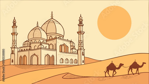 Illustrated mosque in a desert landscape with camels