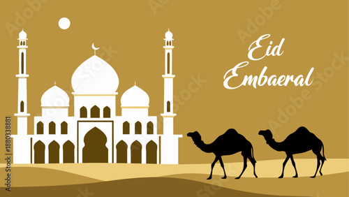 Celebrating eid embaeral with traditional mosque and camels