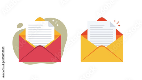 Email icons for communication and notification, red and yellow envelopes with documents