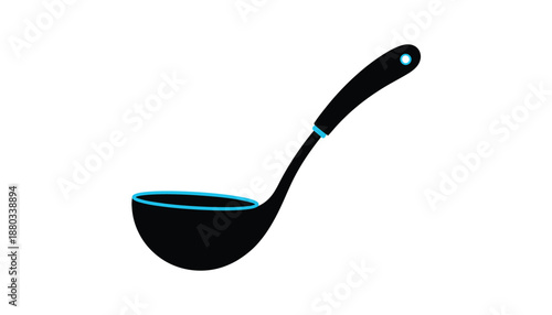 Black Ladle with Blue Accents in Modern Minimalist Design with Clean Lighting on White Background for Kitchen Utensils