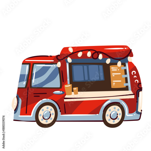 USA food truck with serving window, takeaway cups, menu board, string lights and retro van shape, American street food symbol, travel and festival element, cartoon vector illustration