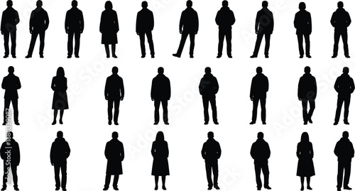 Set of standing people silhouettes in winter clothes and coats for architectural visualization urban landscape and diverse human figure groups