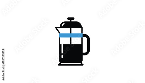 French press coffee maker in minimalist graphic style with blue accents in flat design for coffee shop branding