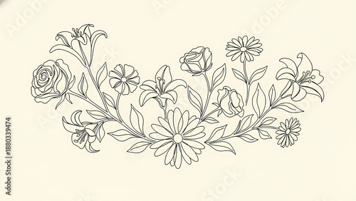 Hand Drawn Floral Line Art Bouquet with Wildflowers on Light Background