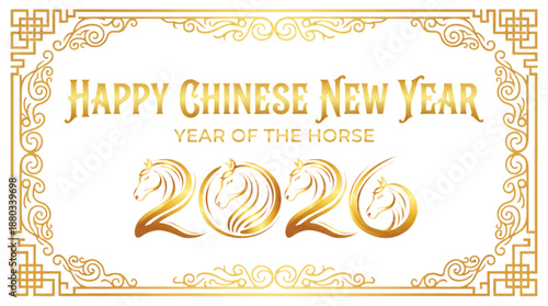 Vector illustration gold calligraphy text : Happy Chinese New Year 2026 greeting card, Lunar and spring festival celebration, Year of the fire horse, frame border banner luck prosperity symbol concept