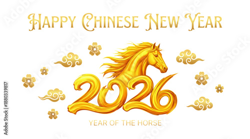 Vector illustration gold calligraphy text : Happy Chinese New Year 2026 greeting card, Lunar and spring festival celebration, Year of the fire horse, logo design, luck prosperity symbol concept