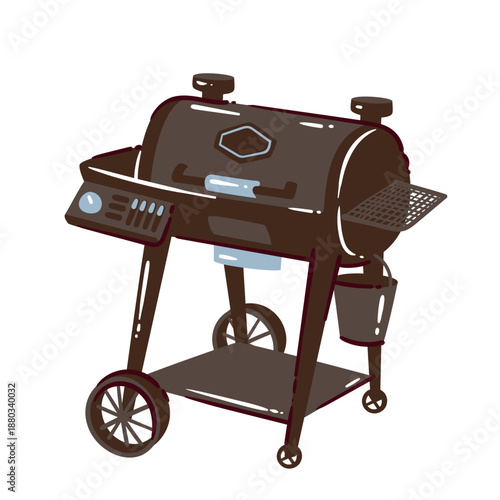 BBQ smoker grill in American backyard style, outdoor barbecue smoker with lid, wheels and side shelf, classic USA cooking equipment, grill barbecue concept, cartoon vector illustration