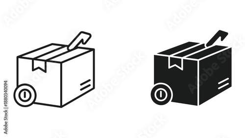 Delivery box icon set on wheels with exclamation mark