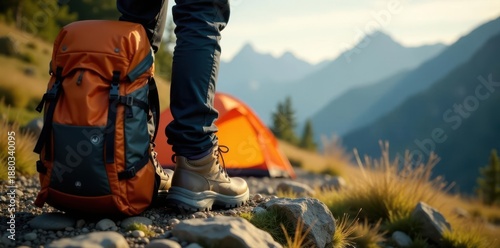 Durable hiking boots, sturdy backpack, camping tent , sleeping bag, gloves, adventure