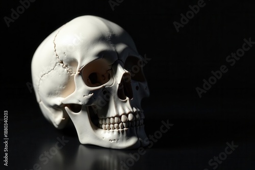 High contrast skull, stark white on black table, bones, memento mori, vanitas