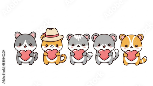 Cute cartoon hamsters with hearts one wearing a hat in a row