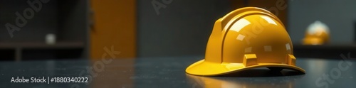 Modern yellow fireman helmet, reflective surface, shiny, industry