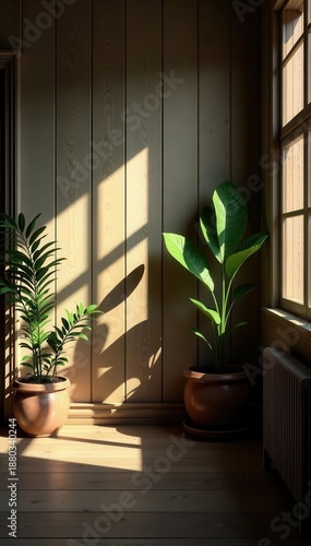 Muted light illuminates cozy rustic space, leaf shadows on wood, design, stock photo