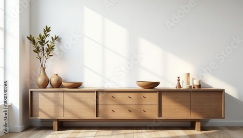 Rustic wooden cabinet, decorative bowls & candles White wall backdrop , home, interior design, interior