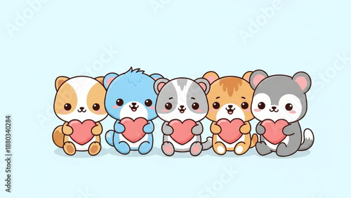 Cute cartoon animals holding hearts in a row on light blue background