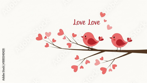 Two red birds on branch with hearts love symbol romantic