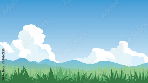 Vector illustration of a beautiful summer landscape featuring a green grassy meadow distant blue mountains and large fluffy white cumulus clouds against a blue sky. For textured nature background.
