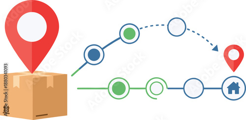 Package delivery route illustration, shipping process concept, logistics tracking graphic, cardboard box to home, e-commerce delivery journey visual