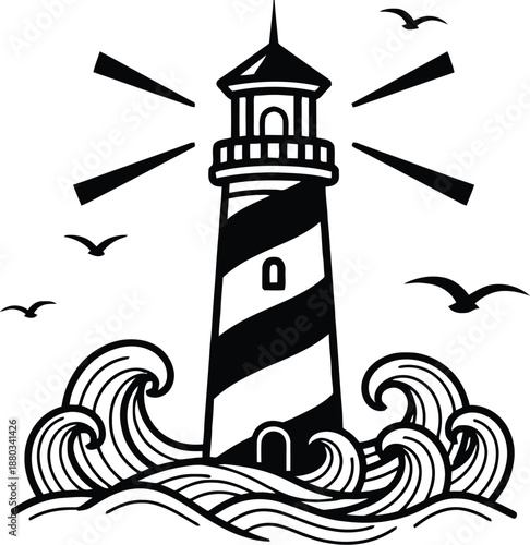 Lighthouse standing tall amidst turbulent waves and seagulls