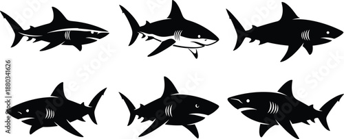 Shark silhouette set, ocean predator fish icons, black vector marine animals for wildlife, sea life, danger, nature, design