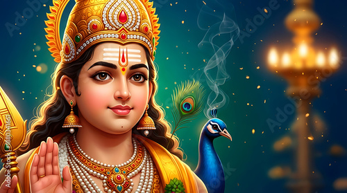 Murgan beautiful portrait of the hindu deity with a peacock and golden spear symbolizing power and grace during the spiritual celebration of the thaipusam festival