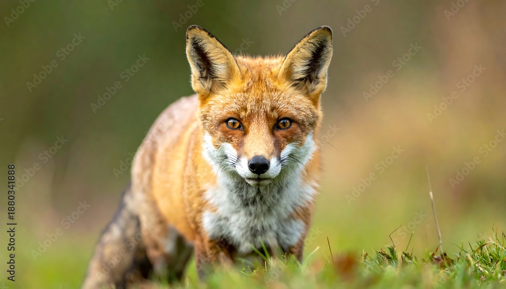 Fototapeta premium A red-furred fox, with focused golden eyes and erect ears, sits in a lush green field, partially blurring the background