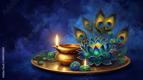 divine brass oil lamp and blue lotus flower with peacock feathers artistic background for lord murugan devotee during thaipusam festival spiritual prayer concept
