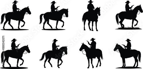 Western cowboy riding horse silhouettes set isolated on white background equestrian ranch action vintage rodeo illustration collection graphic design bundle