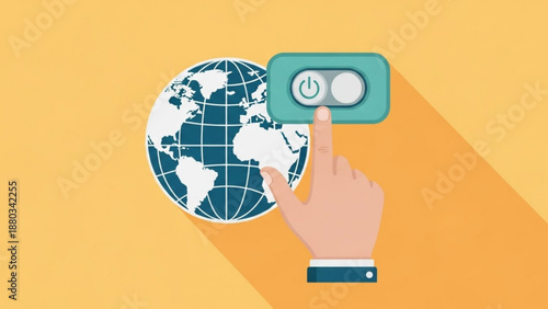 Hand Turning On Global Power Switch Button on Yellow Background