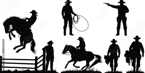 Western cowboy silhouette set with horse riding ranch actions isolated on white background rodeo country lifestyle illustration collection