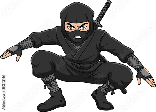 Crouching Ninja Character in Black Suit with Katana Sword Isolated on White Background for Martial Arts Mascot Sports Club Graphic Horror Vector Illustration Art