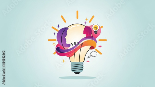 Colorful Light Bulb with Creative Brain Illustration, Symbolizing Innovation and Ideas