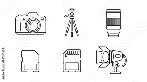 Photography Gear Icon Pack: Camera Tripod Lens Card Flash Light