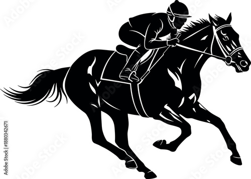 Black and White Silhouette of a Professional Jockey Riding a Powerful Thoroughbred Racehorse at Full Gallop During a Competitive Race