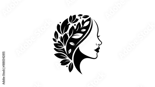 Elegant woman profile with flowing leaves and floral elements.