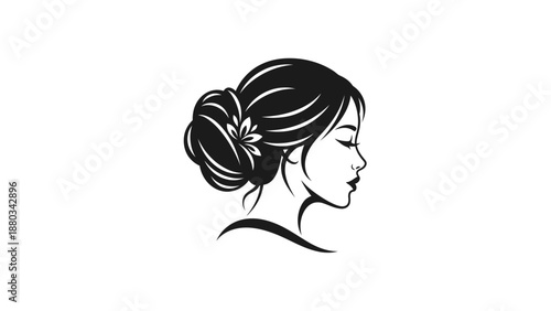 Elegant Woman with Updo Hairstyle and Flower Silhouette.