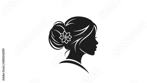 Elegant womans profile silhouette with a floral hair accessory.