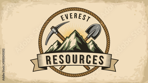 Everest Resources Logo with Mountains, Pickaxe, and Shovel in a Rope Circle.