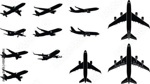 Airplane silhouette set commercial passenger aircraft aviation transport flying jet illustration collection isolated white background vector design