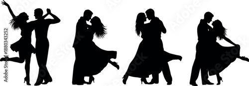 Elegant Silhouette Collection of Romantic Couples Dancing Ballroom Salsa and Waltz Isolated on White Background for Wedding and Event Design