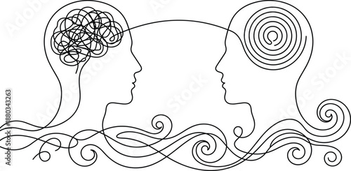Mind communication concept line art faces abstract psychology mental health understanding clarity connection illustration isolated white background vector design