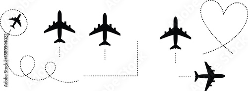 Set of black airplane silhouettes with dotted flight path routes featuring heart shape for travel tourism vacation transport aviation design element vector illustration