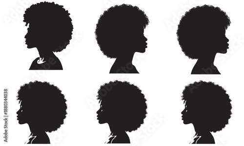 Six diverse female silhouettes with afro hairstyles in profile view